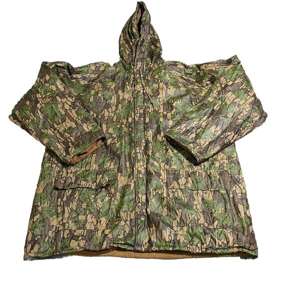 Trebark Camo PVC Jacket L Outdoor Hunting USA Hooded Button Quilt Lined - Picture 1 of 6